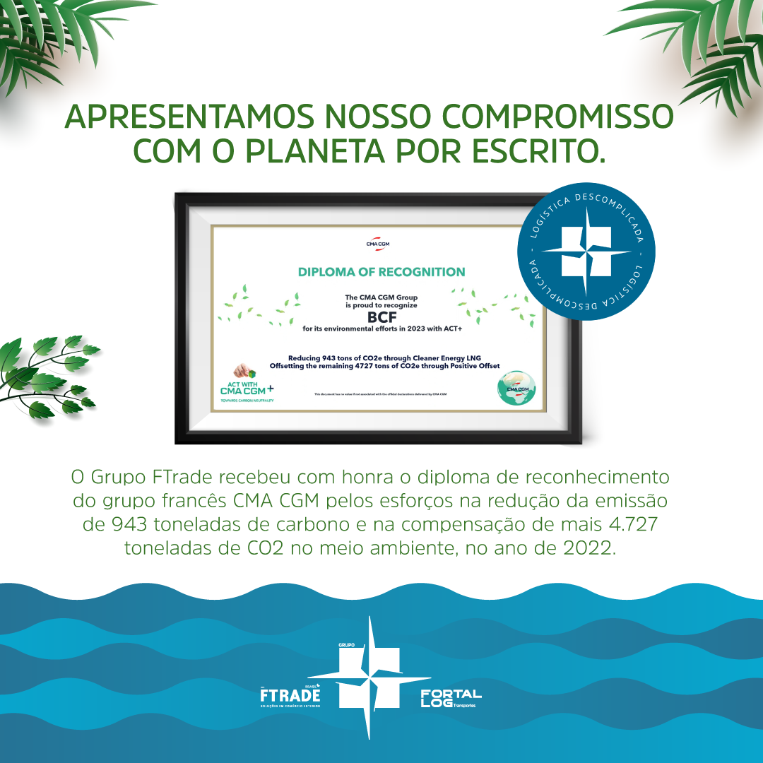 Diploma de reconhecimento dos esforços ambientais do Grupo FTRADE: